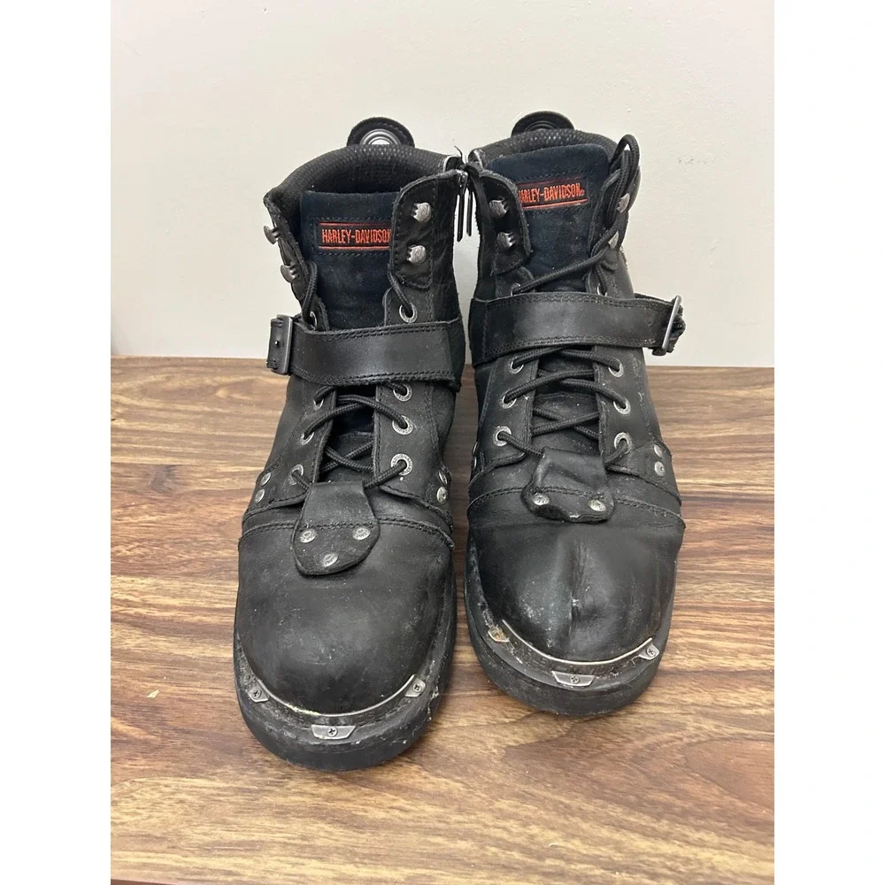 Harley Davidson Mens Black Leather Biker Boots Side Zip Buckle Moto Lug Sole